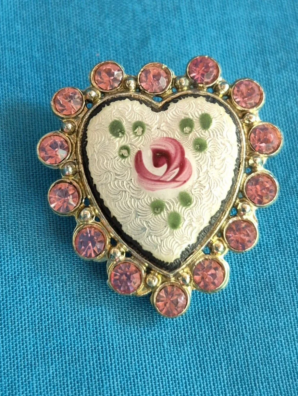 Coro Heart Hand Painted Rose Brooch Pink Rhinestones White Guilloche Enamel Vtg